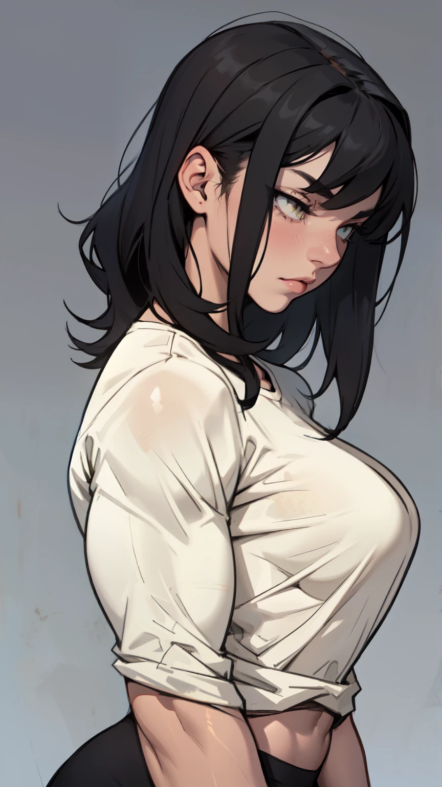 sad girl muscular muscular muscular breasts breasts breasts thick thick thick thick black hair yellow eyes pale skin pale skin thick thick thick long sleeve dark atmosphere thick thick thick thick thick thick muscular simple background sad sad sad girl sad girl tigth shirt
