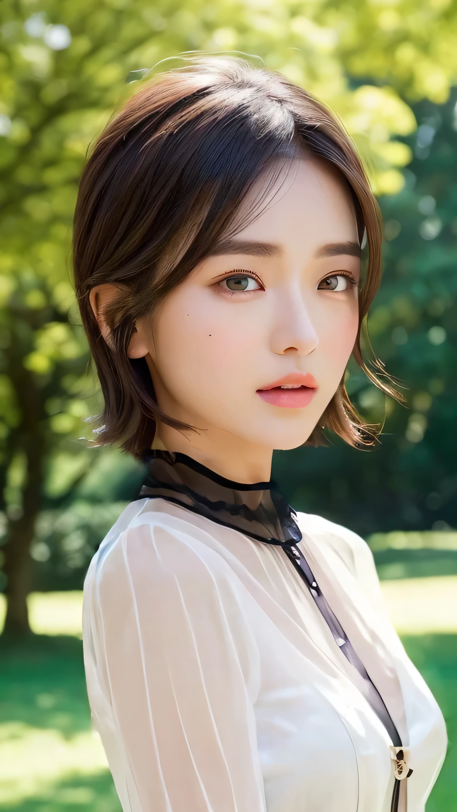 1 girl、Beauty of an ordinary figure、Medium Short Hair、B Cup、White lace bra、Ultra detailed face、Detailed eyes、double eyelid、From the thigh up,Park scenery,Mole,