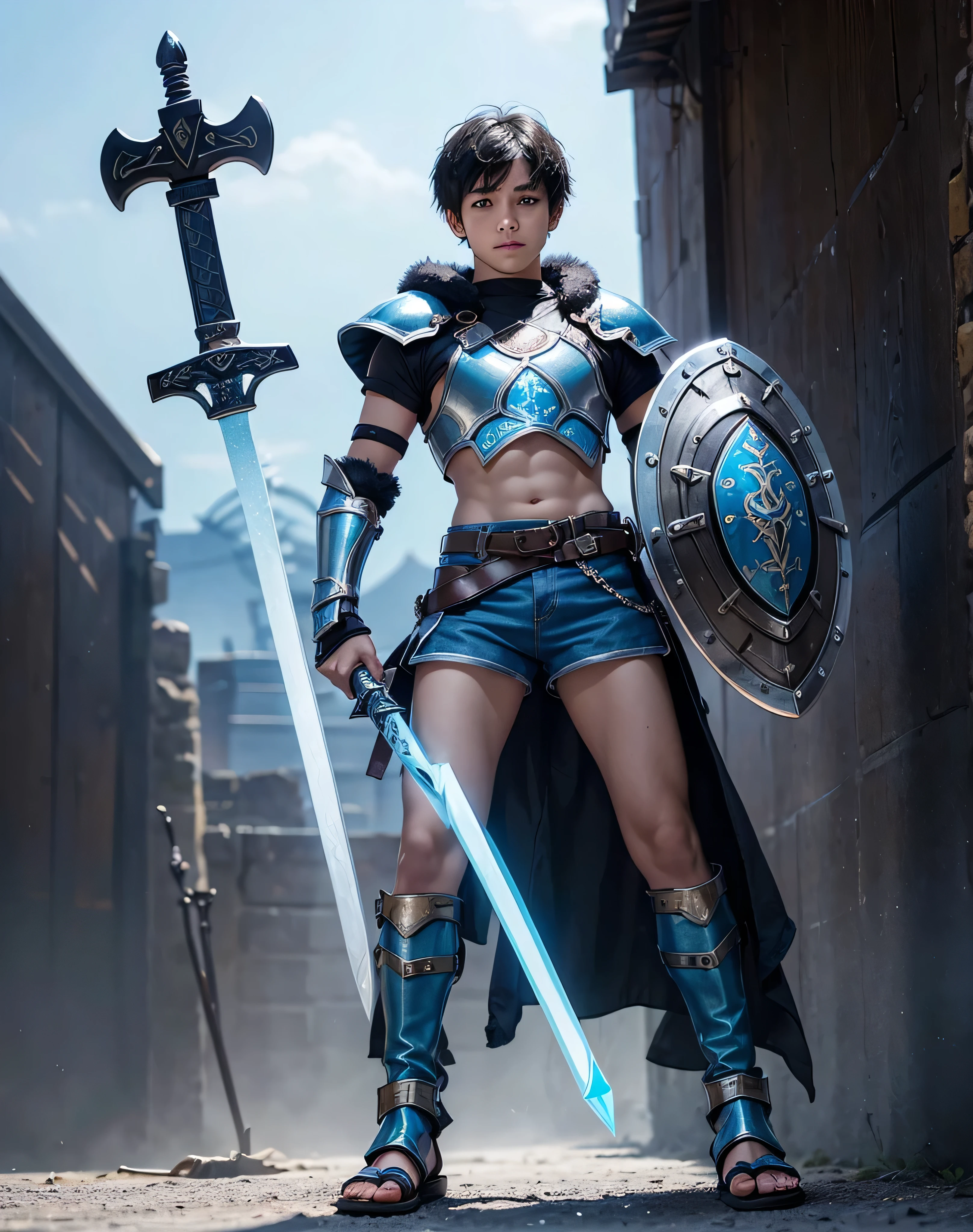 Young 13-year-old boy with black hair and brown eyes, innocent and happy, dressed in short neon-blue medieval barbarian clothes, fur shorts, light-blue battle armor, weilding silver sword and shield, sandals; fullbody; short hair, boyish athletic, sexy,