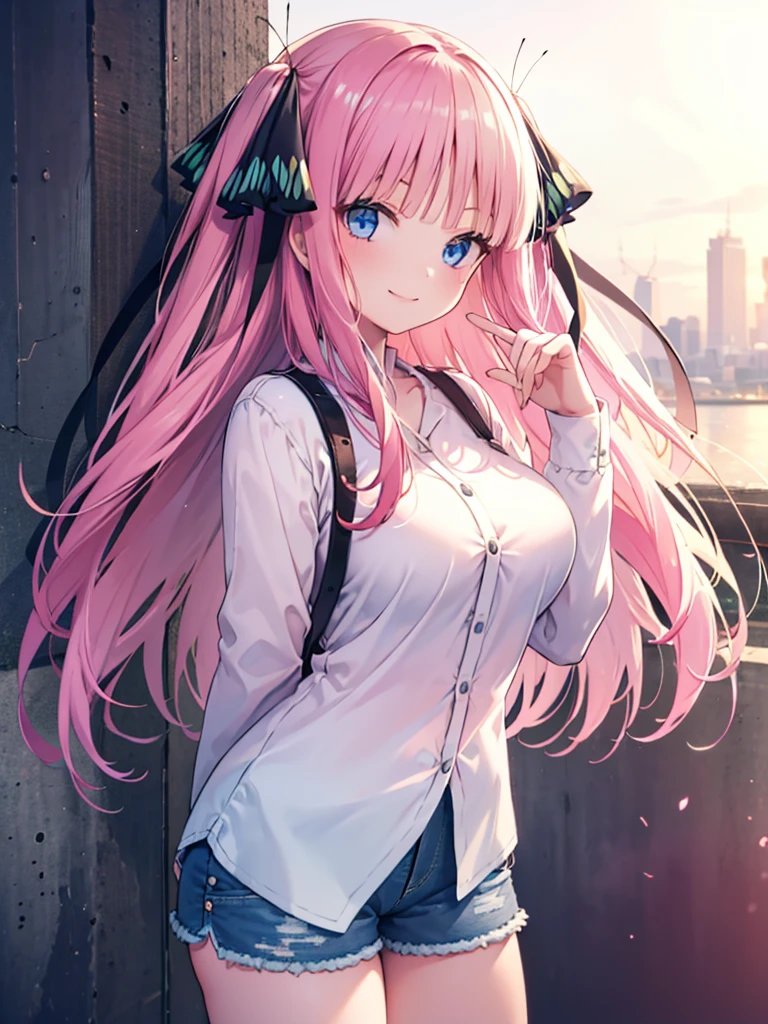 (8K, Highest quality, Highest quality, masterpiece), nn1, 1girl, hair ribbon, long hair, smile, denim shorts, big breasts