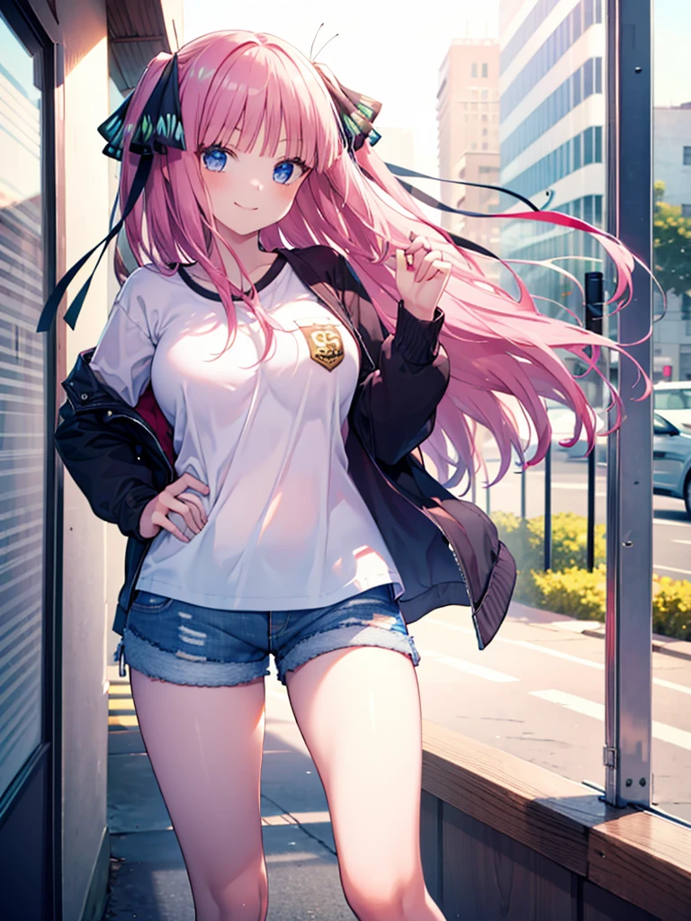(8K, Highest quality, Highest quality, masterpiece), nn1, 1girl, hair ribbon, long hair, smile, denim shorts, big breasts