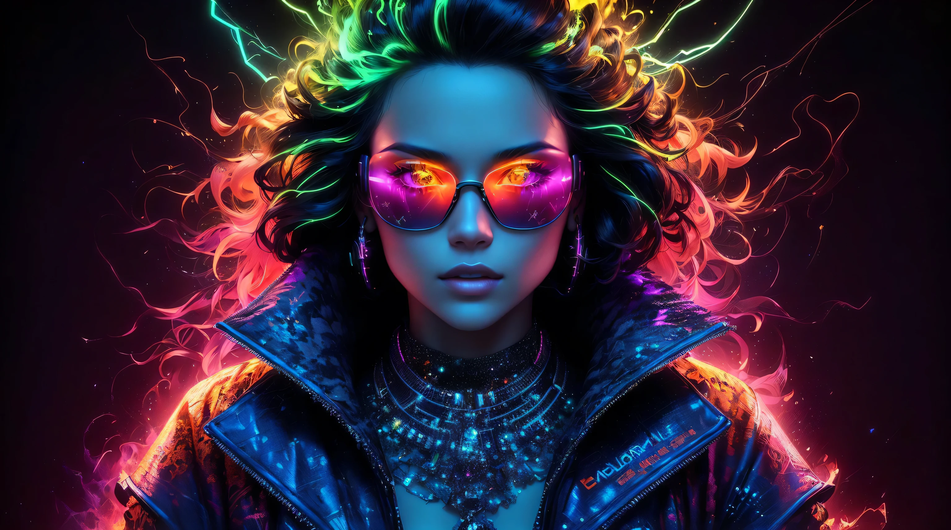 In this extraordinary digital portrait by the incredibly skilled artist MadokPlanet, the central figure is a captivating woman with electrically charged hair that radiates neon shades of green-black and orange. Her composed demeanor exudes cold confidence and an enigmatic aura. Wearing reflective sunglasses with intense pink and orange hues, she conceals her eyes while capturing the vibrant light surrounding her. The sunglasses' reflective surface offers a glimpse of a world teeming with energy and limitless possibilities.

The woman is adorned with a richly detailed jacket, the texture and color of which harmonize with the electric tones that envelop her. MadokPlanet's signature, "MELHORES MUSICAS ANOS 80 90" is prominently displayed on the jacket. The composition showcases a harmonious blend of fashion, 3d render, vibrant, typography, fashion