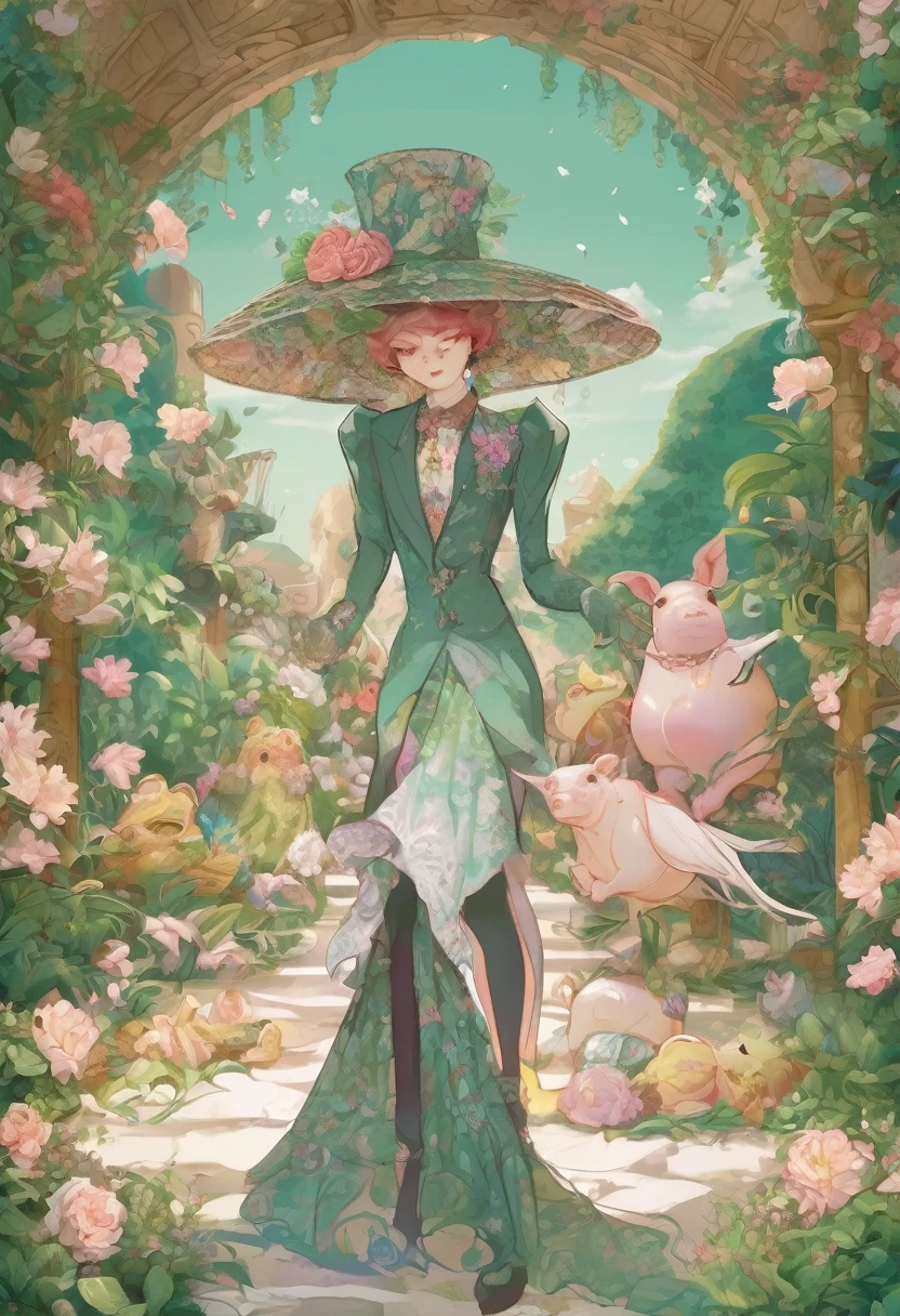 A vibrant and fantastical scene featuring a unique blend of frog and pig humanoid characters, showcasing a bold and elegant aesthetic. Their appearances are striking and surreal, with intricate details and a vivid color palette.

**Character Details:**

- **Male Frog:**
  - **Appearance:** The character has a frog face with detailed green skin and subtle patterns resembling delicate leaf veins. He has a distinguished, slicked-back hairstyle in a deep green shade, and large, expressive eyes that add to his sophisticated and unique look. The frog sports elegant accessories, such as a gold watch and a sleek tie pin, enhancing his refined appearance.
  - **Attire:** The character wears a vintage-inspired, elegant suit with intricate tailoring and classic cuts. The suit is a mix of earthy tones and rich fabrics, providing a classy yet whimsical look.
  - **Unique Elements:** The character is holding a cane with an ornate handle, adding to his vintage and elegant presence. 

- **Female Pig:**
  - **Appearance:** The character has a pig face with detailed pink skin and soft, subtle patterns like delicate floral designs. She has a curly, stylish hairdo in a soft pastel shade and large, expressive eyes that add to her graceful and unique look. The pig sports elegant jewelry, such as pearl earrings and a delicate necklace, enhancing her sophisticated appearance.
  - **Attire:** The character wears a vintage-inspired, elegant dress with intricate lace details and flowing fabric. The dress has a mix of pastel colors, providing a classy yet whimsical look.
  - **Unique Elements:** The character is holding a delicate parasol, adding to her vintage and elegant presence. 

**Setting Details:**

- **Background:** The background features a serene and beautifully landscaped garden with blooming flowers, a charming gazebo, and lush greenery, allowing the characters' vibrant appearances to stand out prominently. The picturesque garden setting complements the characters' elegant and vivi