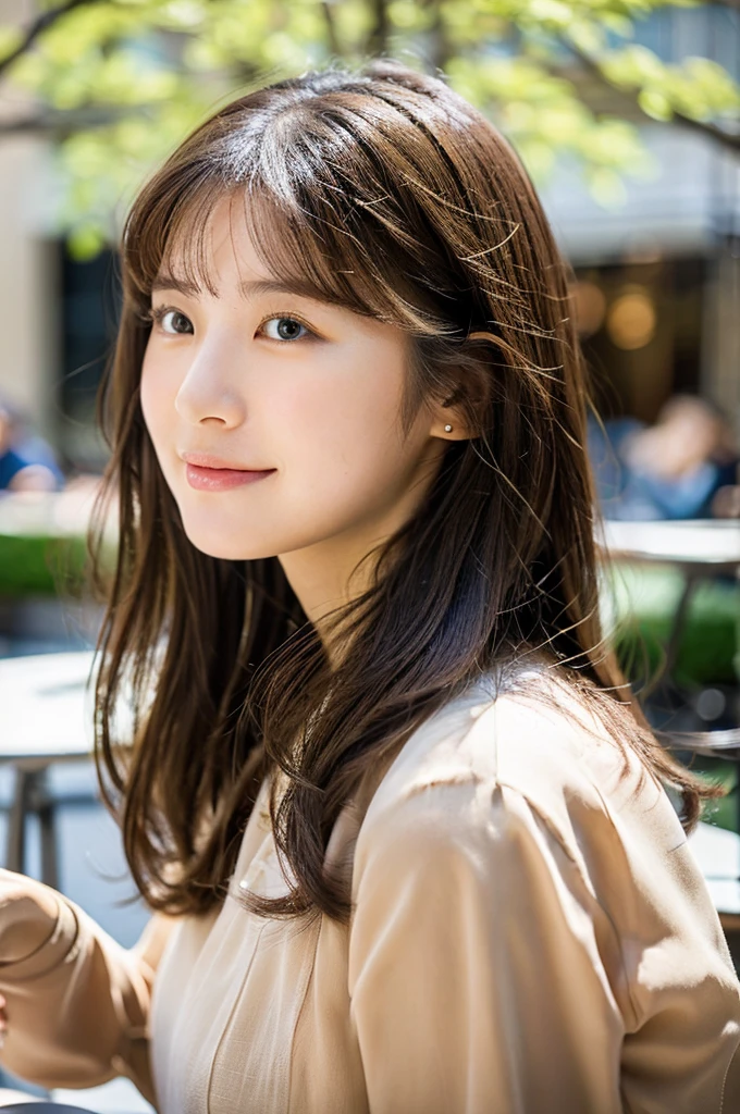 Lunch at a cafe, looking away, sit on the terrace, Sunlight,Top quality, 1 beautiful Japanese woman, teen,high school student,(18 years old),medium hair, (brown hair:1.2), Ultra-realistic capture, Highly detailed, High resolution 16k close-up of human skin. Skin texture must be natural, With such detail that pores can be finely identified. Skin should look healthy, In a uniform tone. Use natural light and color,