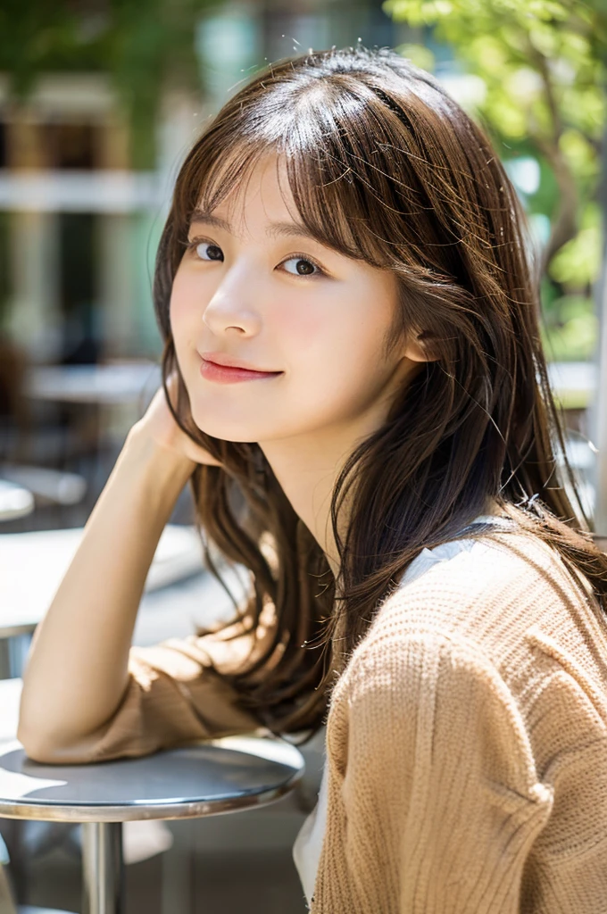 Lunch at a cafe, looking away, sit on the terrace, Sunlight,Top quality, 1 beautiful Japanese woman, teen,high school student,(18 years old),medium hair, (brown hair:1.2), Ultra-realistic capture, Highly detailed, High resolution 16k close-up of human skin. Skin texture must be natural, With such detail that pores can be finely identified. Skin should look healthy, In a uniform tone. Use natural light and color,