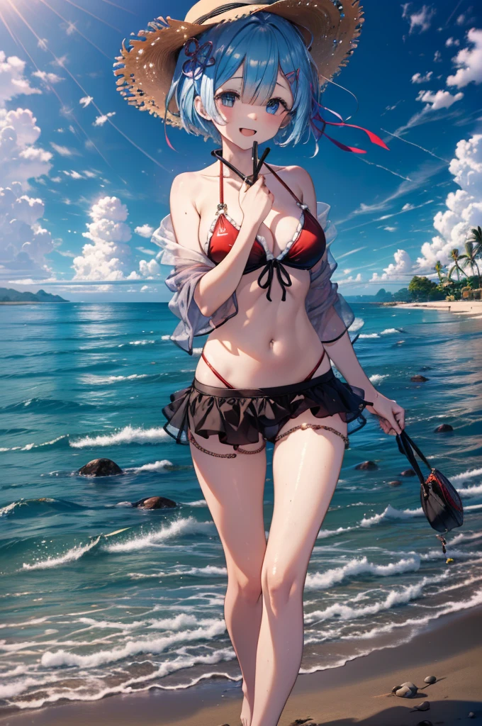 rezeroRem, Rem, blue eyes, Blue Hair, hair ornaments, Hair on one eye, Hair Ribbon, short hair, x hair ornaments,Straw hat,,happy smile, smile, Open your mouth,blush,Red T-shirt,Bikini swimwear under clothes,barefoot,barefoot,walking,whole bodyがイラストに入るように,
break outdoors, Beach,Sandy Beach,
break looking at viewer, whole body,
break (masterpiece:1.2), Highest quality, High resolution, unity 8k wallpaper, (shape:0.8), (Beautiful attention to detail:1.6), extRemely detailed face, Perfect lighting, extRemely detailed CG, (Perfect hands, Perfect Anatomy),