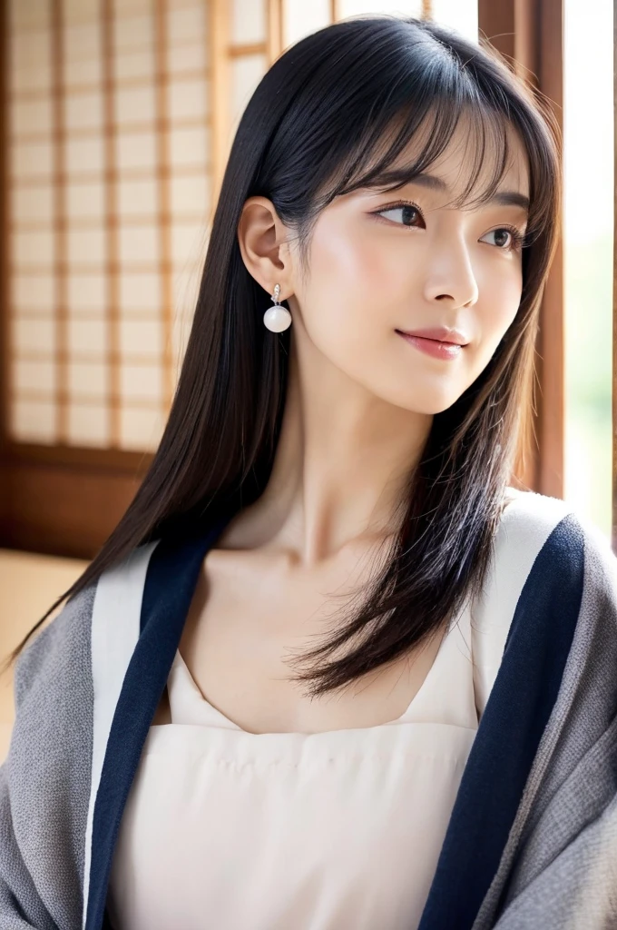 fortune teller,((full body)),((photo)),((best qualtiy, 8K, tmasterpiece:1.3)), Focus:1.2, perfect figure beautiful girl:1.4,1girl,cowboy shot,look at viewer,incredibly absurd, beautiful and cute girl with a photorealistic face, showcasing top-quality craftsmanship, A Japanese woman who works as a fortune teller at a fortune telling parlor, 21 years old, hairstyle is long, deep black hair, shiny, silky texture, diagonal bangs cut above the eyes, side parted hair with a lot of volume, layered hair around the face, amber eyes, fair and fine skin, gentle oval face, cool double eyelids, long eyelashes, thin eyebrows with a natural curve, straight nose, small nose, naturally pink and light lips, plump cheeks that suit a smile, gentle jawline, long neck, beautiful nape, , delicate, well-balanced proportions, slender limbs, small A-cup breasts, beautiful Japanese appearance, elegant Japanese-style kimono with white and pale colors as the base, silver and natural stone earrings and necklace, Japanese patterned fan, beautiful, neat, Japanese style, healing, beautiful girl, kind, gentle, tolerant, knowledgeable, insightful, September