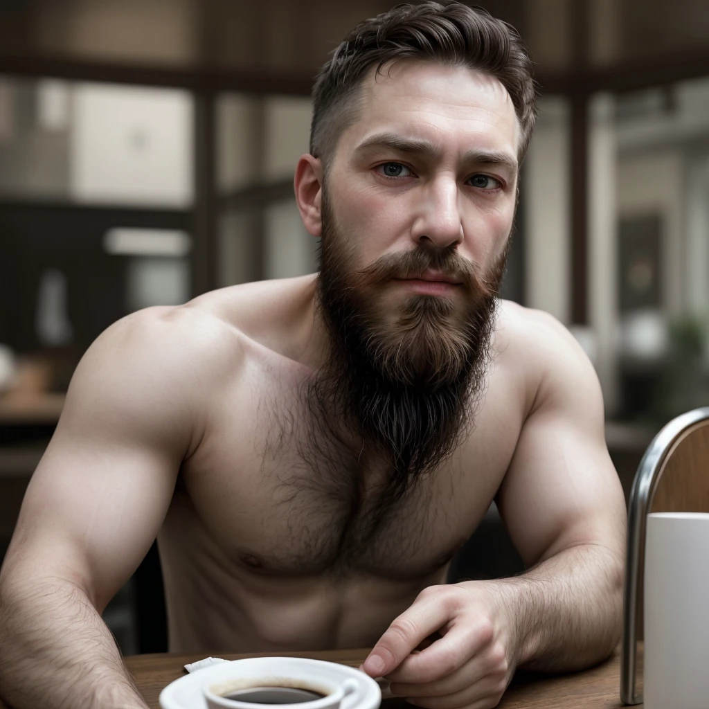 Man with a beard, white skin, in his 40s, robust and sensual, sitting in front of a table drinking coffee and looking serious, reflecting on something serious