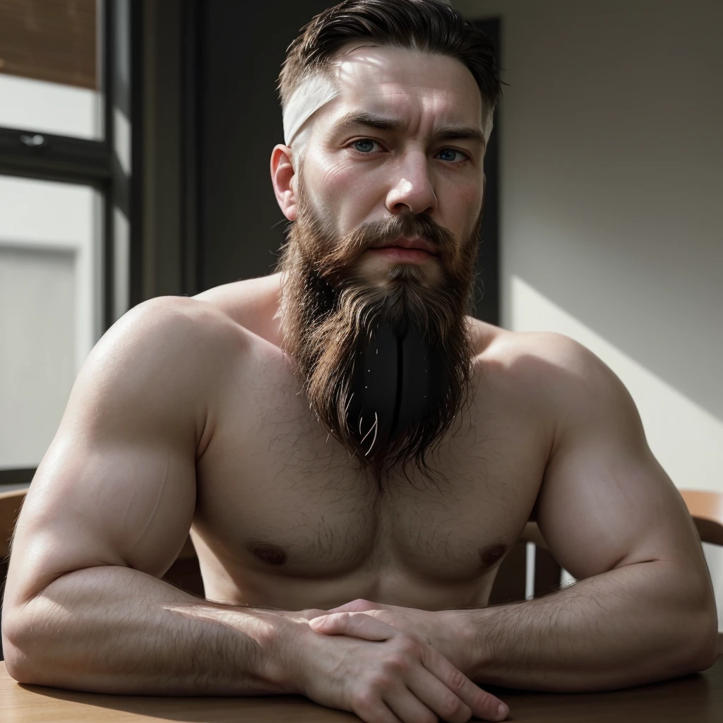 Man with a beard, white skin, in his 40s, robust and sensual, sitting in front of a table drinking coffee and looking serious, reflecting on something serious