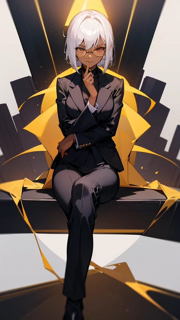1 Female, adult, dark skinned women, long white short hair, hair over the ears, golden eyes, glasses, black business suit, black tailored jacket, white shirt, black pantsuit, office background, malicious smile, sharp eye, collarbone, sitting,