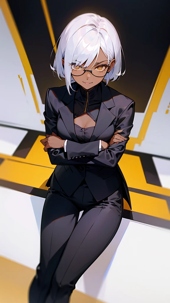 1 Female, adult, dark skinned women, long white short hair, hair over the ears, golden eyes, glasses, black business suit, black tailored jacket, white shirt, black pantsuit, office background, malicious smile, sharp eye, collarbone, sitting,