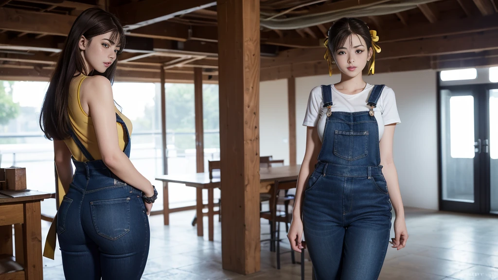 (work of art, best qualityer:1.4), (standing:1.5), 1 , standing alone, Primavera Shunfa, BLUE regatta, overalls, blue pants, overalls, yellow ribbon, shorth hair, tennis, bared shoulders, (Young women in Europe:1), view the viewer, beautiful smile, beautiful face, high-detailed face, highly detailed eye, underground dispersal, realisitic pupils, full-face blush, full and plump lips, detailed back ground, Depth of field, volumetric lighting, sharp focus, absurderes, realisitic proportions, (realisitic, hiperrealisitic:1.4), 16k HD