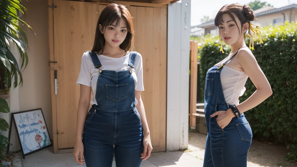 Suspender jeans(masterpiece, best quality:1.2), Very short hair, alone,Pale pink,Light rouge makeup(((Short inches)))(minor)