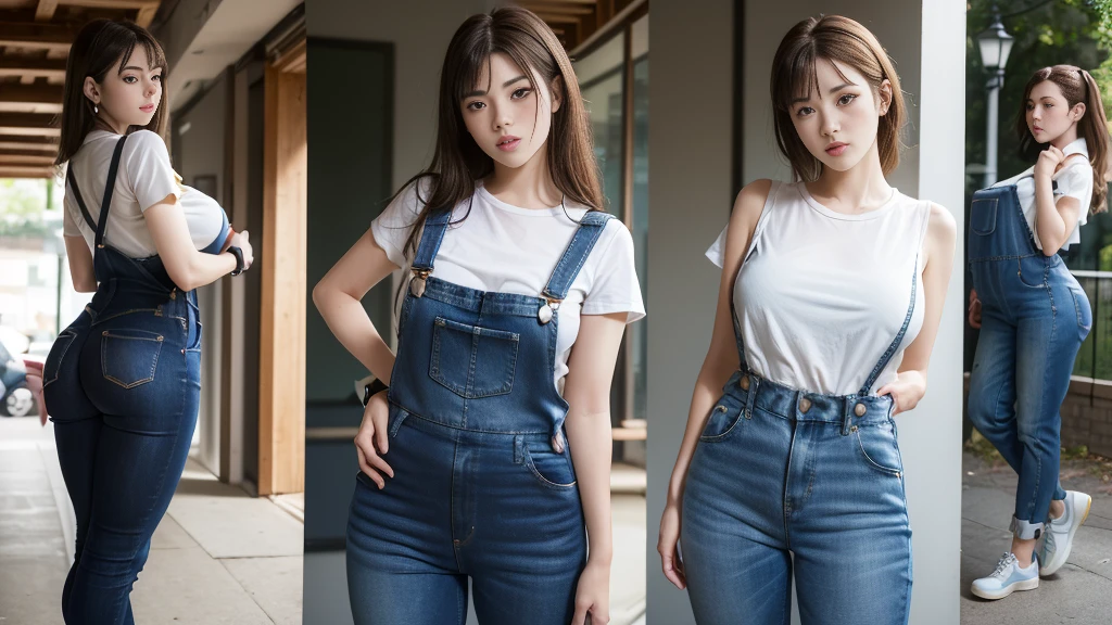 (work of art, best qualityer:1.4), (standing:1.5), 1 , standing alone, Primavera Shunfa, BLUE regatta, overalls, blue pants, overalls, yellow ribbon, shorth hair, tennis, bared shoulders, (Young women in Europe:1), view the viewer, beautiful smile, beautiful  face, high-detailed face, highly detailed eye, underground dispersal, realisitic pupils, full-face blush, full and plump lips, detailed back ground, Depth of field, volumetric lighting, sharp focus, absurderes, realisitic proportions, (realisitic, hiperrealisitic:1.4), 16k HD
