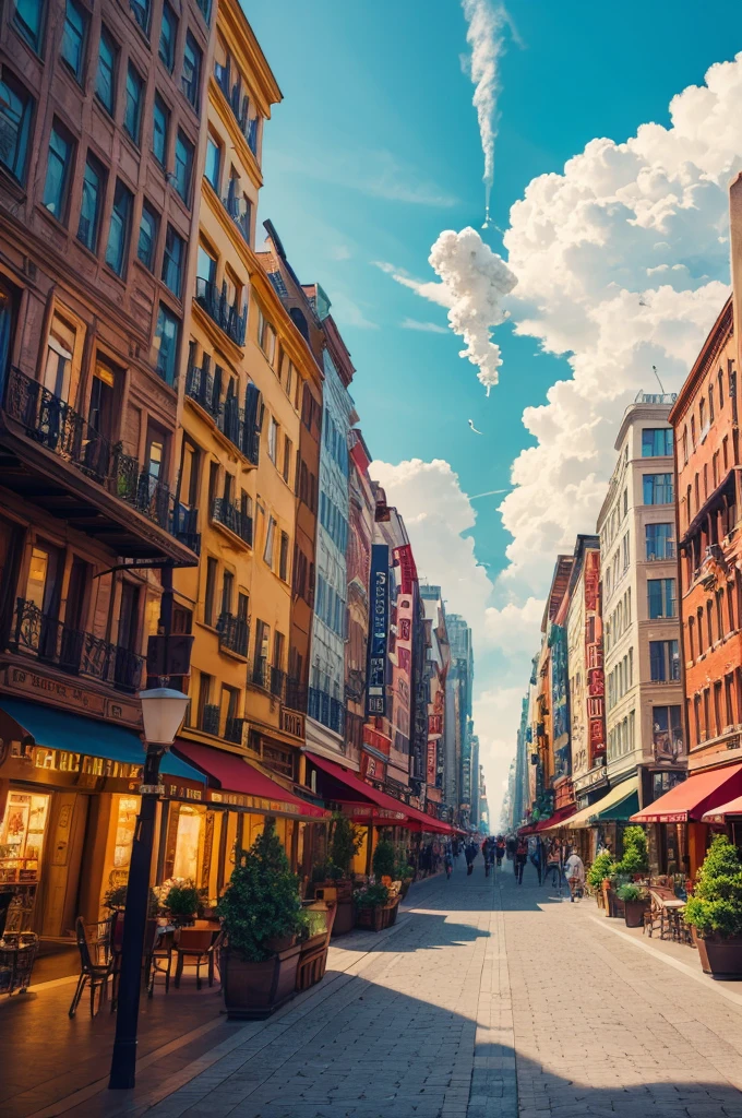 Summer Entrance Cloud，horizontal layout, High resolution, Highest quality, Super detailed, Dynamic Angle, floating, Bustling streets, Intricate details, buildings of the future, Vibrant colors, Volumetric lighting, 