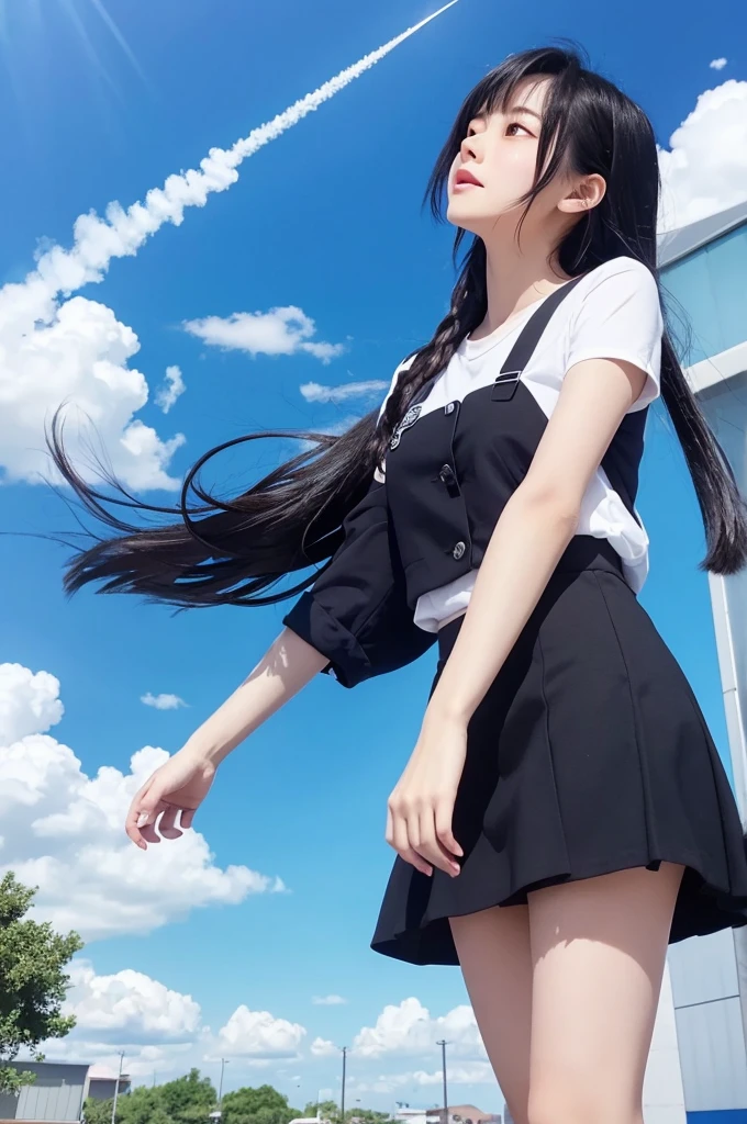 Woman looking up at the sky、blue sky、A contrail is flying、20-year-old、anime、An illustration、skirt、Black Hair