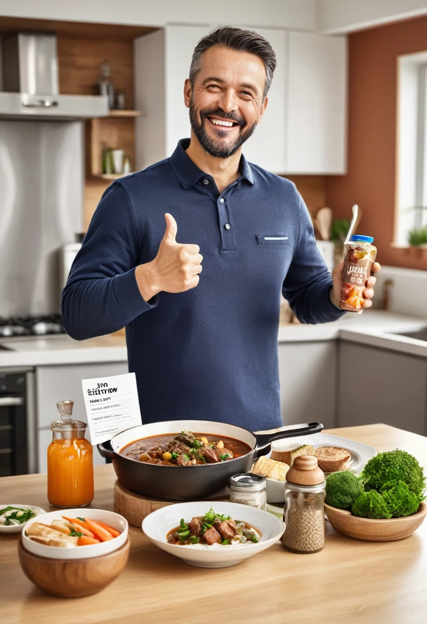 cheerful man in a modern kitchen holds a food package labeled 'SEMUR MENU LIST' with an image of a delicious beef rib stew. He is giving a thumbs-up and smiling widely. In front of him on the table is a bowl of the same stew, garnished with lime wedges and small crunchy snacks. The kitchen is warmly lit and neatly organized, emphasizing the appetizing presentation of the meal."