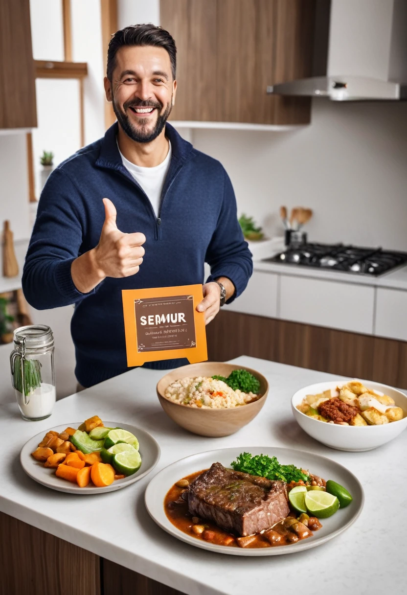 cheerful man in a modern kitchen holds a food package labeled 'SEMUR MENU LIST' with an image of a delicious beef rib stew. He is giving a thumbs-up and smiling widely. In front of him on the table is a bowl of the same stew, garnished with lime wedges and small crunchy snacks. The kitchen is warmly lit and neatly organized, emphasizing the appetizing presentation of the meal."