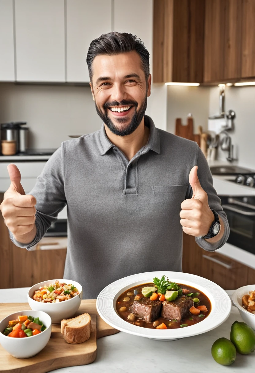 cheerful man in a modern kitchen holds a food package labeled 'SEMUR MENU LIST' with an image of a delicious beef rib stew. He is giving a thumbs-up and smiling widely. In front of him on the table is a bowl of the same stew, garnished with lime wedges and small crunchy snacks. The kitchen is warmly lit and neatly organized, emphasizing the appetizing presentation of the meal."