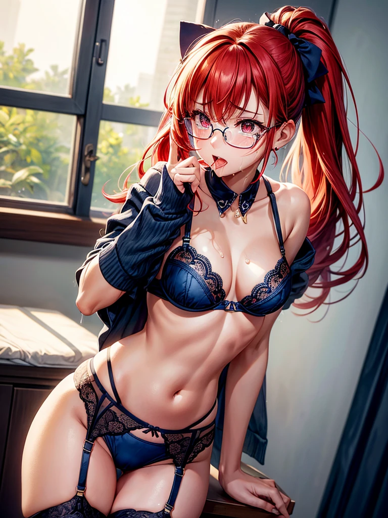 Highest quality,High resolution,１People Girl,beautiful girl,whole body,look up,looking at the camera,Big eyes,Glasses,Crying face,Tears,Stringy saliva,Open your mouth wide,Sticking out tongue,Flush saliva,Overflowing with saliva,ponytail,Red Hair,Red eyes,銀のGlasses,Bondage,High Leg,Tears overflow,Dripping a lot of saliva,Drooling,sexy,Western-style room,Alluring,Navy blue underwear,Navy blue bra,Navy blue garter belt,Navy blue stockings,