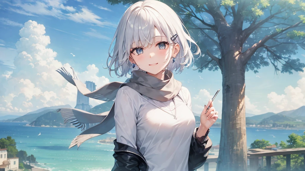 Her eyes were shining、Mysterious and enchanting atmosphere。With AI Painting、とてもShort Hair, Long bangs between the eyes, Very detailed,(masterpiece、Highest quality)、alone、Gray Hair、Fantasy, Silver Hair, Fantasyな風景、White shirt、smile、Open your mouth、Scarf、short hair、Short Hair、hairpin、black eye、Grey Eyes、Beautiful Eyes