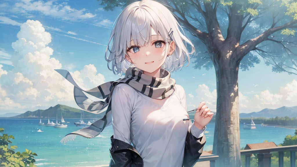 Her eyes were shining、Mysterious and enchanting atmosphere。With AI Painting、とてもShort Hair, Long bangs between the eyes, Very detailed,(masterpiece、Highest quality)、alone、Gray Hair、Fantasy, Silver Hair, Fantasyな風景、White shirt、smile、Open your mouth、Scarf、short hair、Short Hair、hairpin、black eye、Grey Eyes、Beautiful Eyes