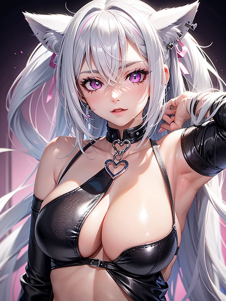 Silver hair, pink eyes, body, cat ears, sexy girl, earrings, heart background fantasy 