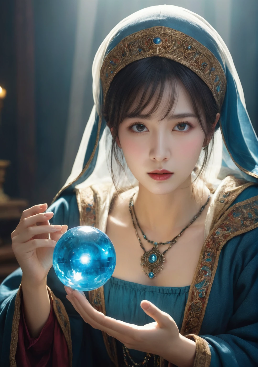 Female fortune teller. (Overall body orientation: frontal.) Charming, beautiful and mysterious. She wears a blue cloak and has a clear face. Bright and glittering, full of anxiety and anticipation. The fortune teller is standing. He holds a crystal ball in front of his chest with both hands. The lighting in the room is bright, creating a fantastic atmosphere. Top image quality, 4K or 8K resolution. The level of detail is very fine and photorealistic. Artistic style should reflect the aesthetic of the formula with bright colors and strong contrasts. The color palette should emphasize the mysterious and mystical theme of the piece. The fortune teller's cloak is decorated with metal trim and intricate designs, with a thickness ratio of 1.5 The overall mood is stellar and magical; the cloak is a symbol of the mysterious and mystical. The expression of the fortune teller's face should evoke mystical interest.