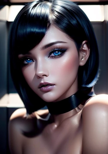 Beautiful girl with blue eyes, short black hair, beautiful and perfectly detailed face, make-up, shadows and eyeliner, voluminous lips 