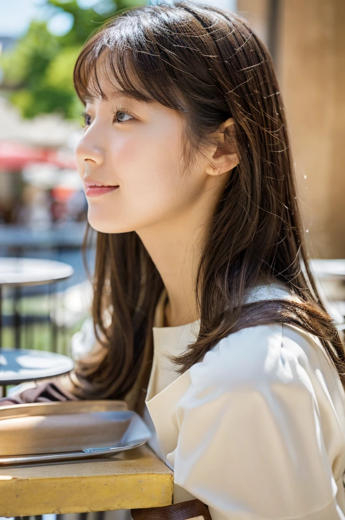 Lunch at a cafe, (looking away:1.3), sit on the terrace, Sunlight,face-to-face perspective,Top quality, 1 beautiful Japanese woman, teen,high school student,(18 years old),medium hair, (brown hair:1.2), Ultra-realistic capture, Highly detailed, High resolution 16k close-up of human skin. Skin texture must be natural, With such detail that pores can be finely identified. Skin should look healthy, In a uniform tone. Use natural light and color,