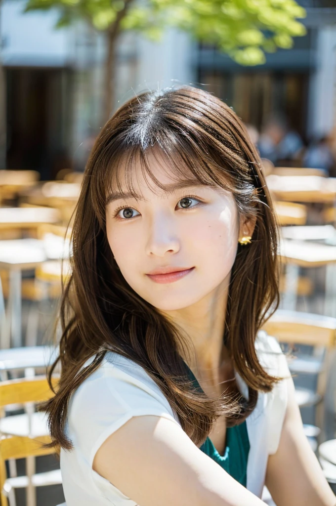 Lunch at a cafe, (looking away:1.3), sit on the terrace, Sunlight,face-to-face perspective,Top quality, 1 beautiful Japanese woman, teen,high school student,(18 years old),medium hair, (brown hair:1.2), Ultra-realistic capture, Highly detailed, High resolution 16k close-up of human skin. Skin texture must be natural, With such detail that pores can be finely identified. Skin should look healthy, In a uniform tone. Use natural light and color,