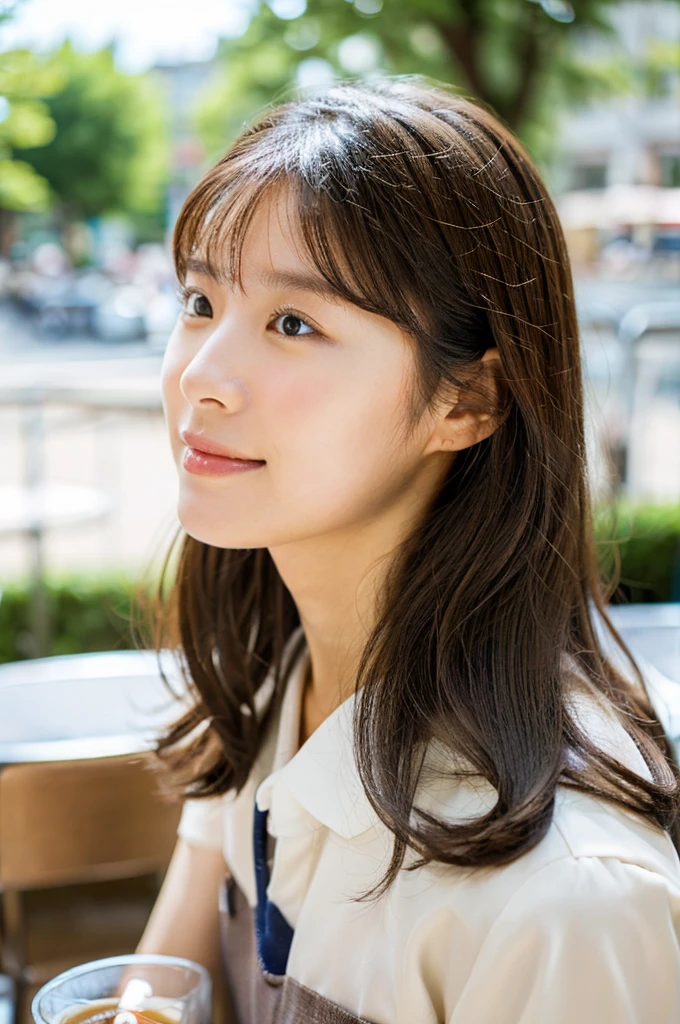 Lunch at a cafe, (looking away:1.3), sit on the terrace, Sunlight,face-to-face perspective,Top quality, 1 beautiful Japanese woman, teen,high school student,(18 years old),medium hair, (brown hair:1.2), Ultra-realistic capture, Highly detailed, High resolution 16k close-up of human skin. Skin texture must be natural, With such detail that pores can be finely identified. Skin should look healthy, In a uniform tone. Use natural light and color,
