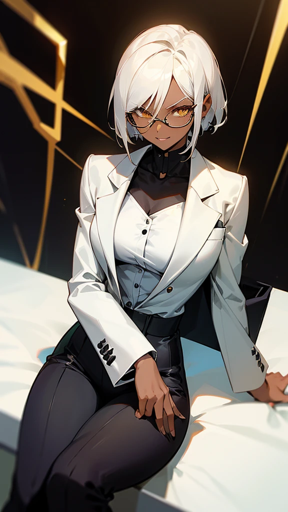 1 Female, adult, dark skinned women, long white short hair, hair over the ears, golden eyes, glasses, black business suit, black tailored jacket, white shirt, black pantsuit, office background, malicious smile, sharp eye, collarbone, sitting, off jacket,