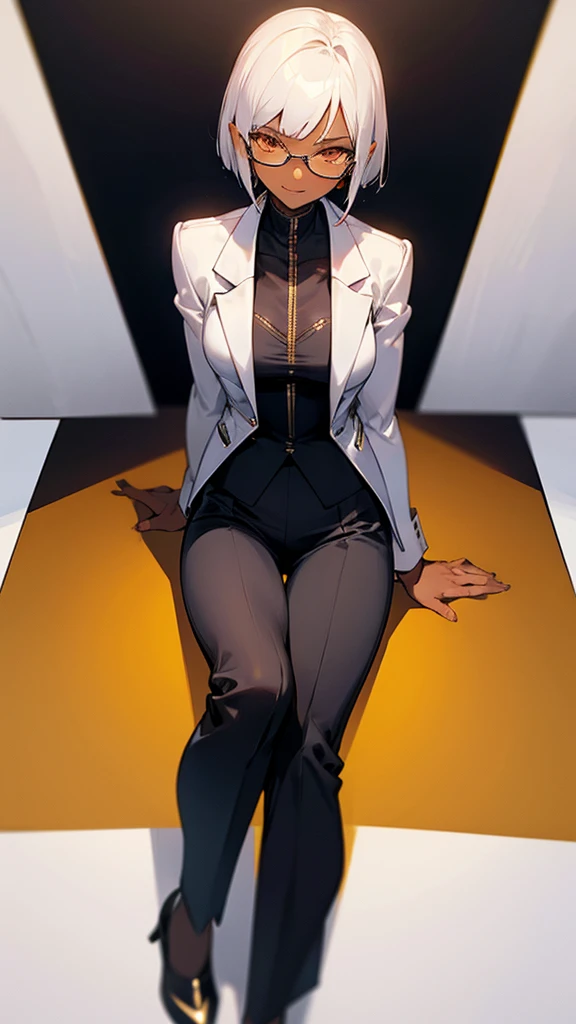 1 Female, adult, dark skinned women, long white short hair, hair over the ears, golden eyes, glasses, black business suit, black tailored jacket, white shirt, black pantsuit, office background, malicious smile, sharp eye, collarbone, sitting, off jacket,