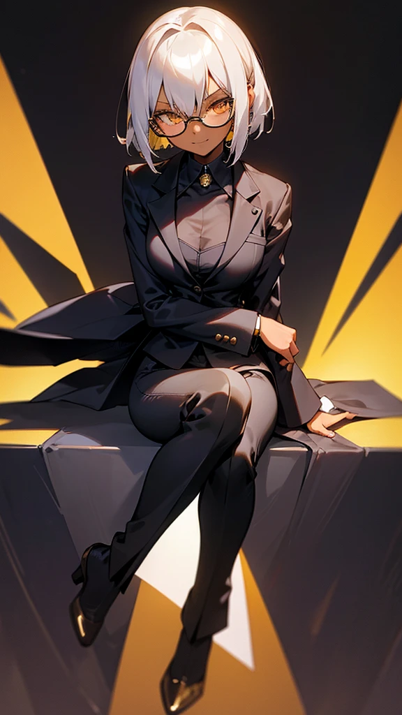 1 Female, adult, dark skinned women, long white short hair, hair over the ears, golden eyes, glasses, black business suit, black tailored jacket, white shirt, black pantsuit, office background, malicious smile, sharp eye, collarbone, sitting, off jacket,