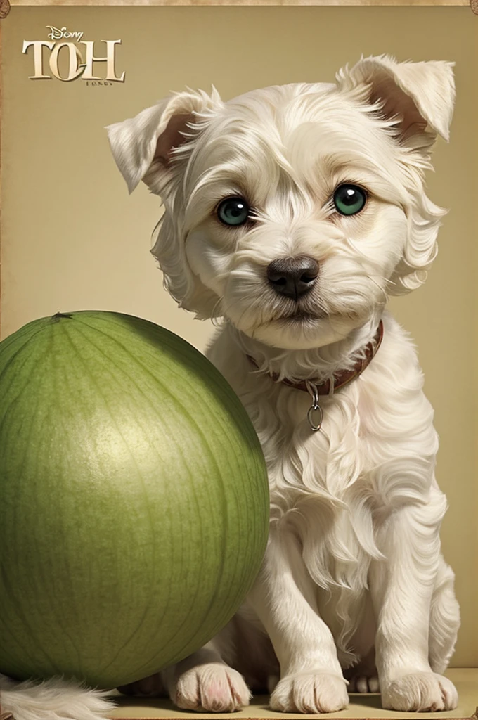 Pixar type poster with title that says Tobi A little curly white dog podlee small green eyes small beige ears beige color black nose, with a very tender face 