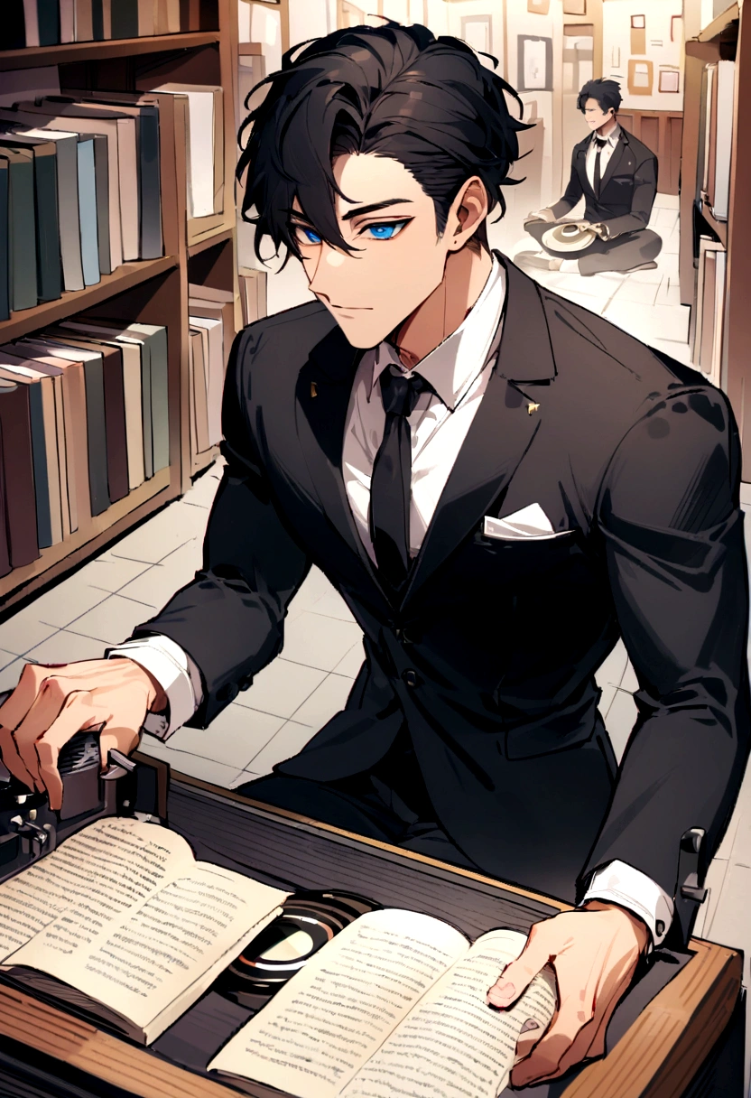 A photo from a comfortable angle In a vintage record store with a record player.,manuscript,Wear a suit and have a muscular body., man,manอายุ 27 ปี ,handsome,short hair,black hair , blue eyes , Sit and listen to music