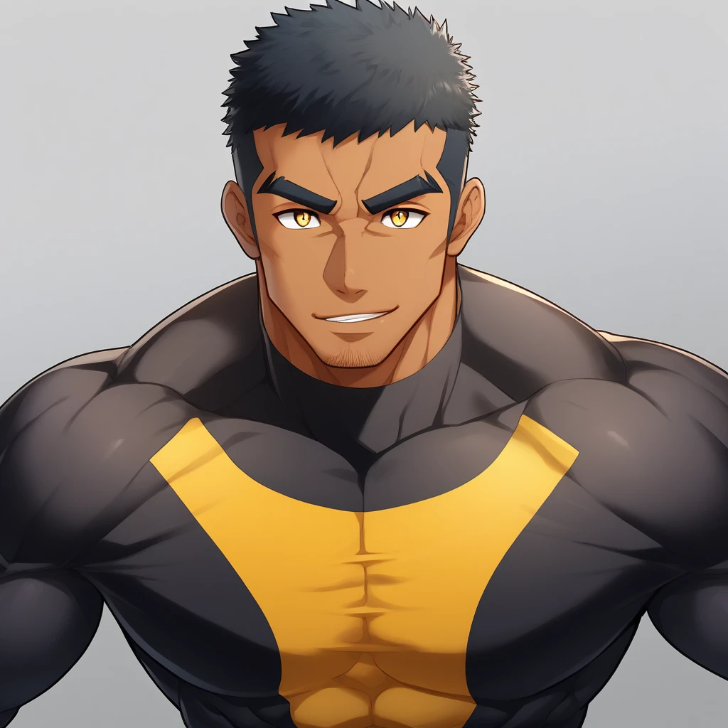 anime characters：Gyee, Muscle Sports Student, negro black skin, 1 dark skin muscular tough guy, Manliness, male focus, Yellow and black striped high collar long sleeve tight T-shirt, Slightly transparent material, Very tight, Round, full and perky chest muscles, Slightly transparent, muscular male, muscular, only, Upper body, alone, Black short hair, Thick eyebrows, stubble, Yellow eyes, Grey background, simple background, amazing quality, best aesthetics, Ridiculous, bright pupils, crew cut, parted lips, seductive smile, torogao, naughty face, drop shadow, best quality