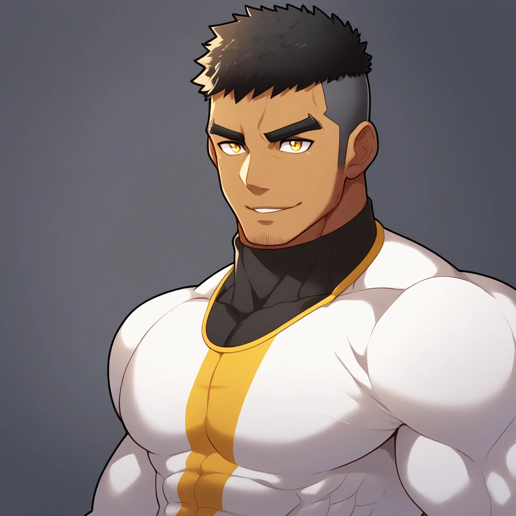 anime characters：Gyee, Muscle Sports Student, negro black skin, 1 dark skin muscular tough guy, Manliness, male focus, Yellow and black striped high collar long sleeve tight T-shirt, Slightly transparent material, Very tight, Round, full and perky chest muscles, Slightly transparent, muscular male, muscular, only, Upper body, alone, Black short hair, Thick eyebrows, stubble, Yellow eyes, Grey background, simple background, amazing quality, best aesthetics, Ridiculous, bright pupils, crew cut, parted lips, seductive smile, torogao, naughty face, drop shadow, best quality