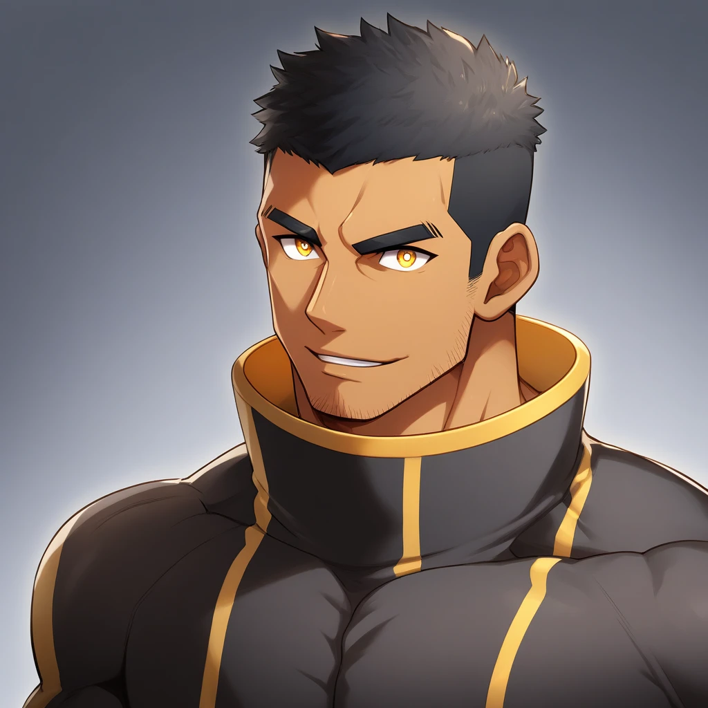 anime characters：Gyee, Muscle Sports Student, negro black skin, 1 dark skin muscular tough guy, Manliness, male focus, Yellow and black striped high collar long sleeve tight T-shirt, Slightly transparent material, Very tight, Round, full and perky chest muscles, Slightly transparent, muscular male, muscular, only, Upper body, alone, Black short hair, Thick eyebrows, stubble, Yellow eyes, Grey background, simple background, amazing quality, best aesthetics, Ridiculous, bright pupils, crew cut, parted lips, seductive smile, torogao, naughty face, drop shadow, best quality