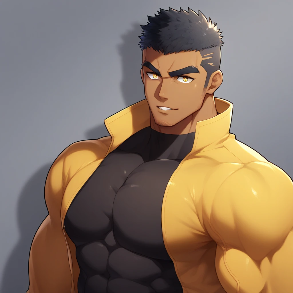 anime characters：Gyee, Muscle Sports Student, negro black skin, 1 dark skin muscular tough guy, Manliness, male focus, Light yellow high collar long sleeve tight T-shirt, Slightly transparent material, Very tight, Round, full and perky chest muscles, Slightly transparent, muscular male, muscular, only, Upper body, alone, Black short hair, Thick eyebrows, stubble, Yellow eyes, Grey background, simple background, amazing quality, best aesthetics, Ridiculous, bright pupils, crew cut, parted lips, seductive smile, torogao, naughty face, drop shadow, best quality