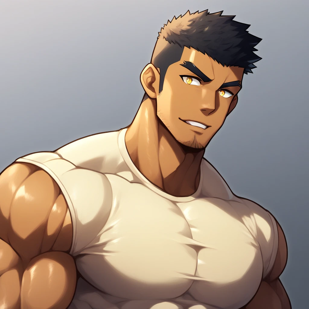 anime characters：Gyee, Muscle Sports Student, ????? black skin, 1 dark skin muscular tough guy, Manliness, male focus, Light yellow high collar long sleeve tight T-shirt, Slightly transparent material, Very tight, Round, full and perky chest muscles, Slightly transparent, muscular male, muscular, only, Upper body, alone, Black short hair, Thick eyebrows, stubble, Yellow eyes, Grey background, simple background, amazing quality, best aesthetics, Ridiculous, bright pupils, crew cut, parted lips, seductive smile, torogao, naughty face, drop shadow, best quality