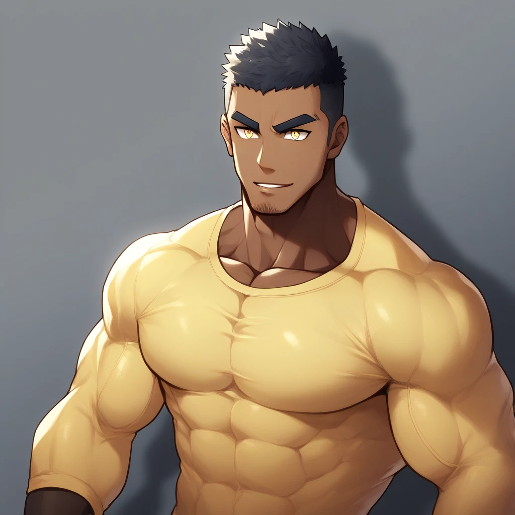anime characters:Gyee, Muscle Sports Student, negro black skin, 1 dark skin muscular tough guy, Manliness, male focus, Light yellow high collar long sleeve tight T-shirt, Slightly transparent material, Very tight, Round, full and perky chest muscles, Slightly transparent, muscular male, muscular, only, Upper body, alone, Black short hair, Thick eyebrows, stubble, Yellow eyes, Grey background, simple background, amazing quality, best aesthetics, Ridiculous, bright pupils, crew cut, parted lips, seductive smile, torogao, naughty face, drop shadow, best quality