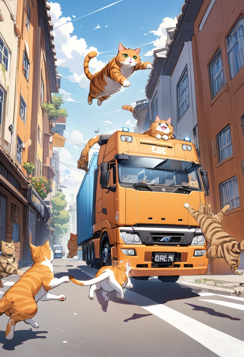 cat jumping on a big truck on street, running cat, jumping cat, orange cat, fat cat, on jumping, perspective side view, blue white truck, big truck, one cat, 1 cat, platform view