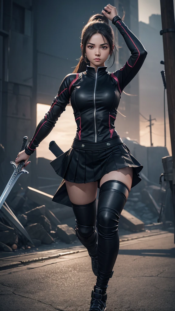 A beautiful anime girl, short white hair, piercing red eyes, wearing a handless purple battle cloth with a flowing skirt, long black gloves, and thigh-high stockings, posing ready to fight in an HDR, highly detailed, photorealistic, 8k, masterpiece, digital painting, vibrant colors, dramatic lighting, dynamic composition, intricate details, battlefields atmosphere.