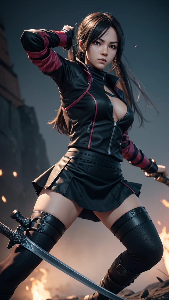 1 teenage realistic 3D girl wears tight ninja outfit with skirt, half body length view, action pose, sword on hands, highly detailed, 4K quality, 8K resolution 