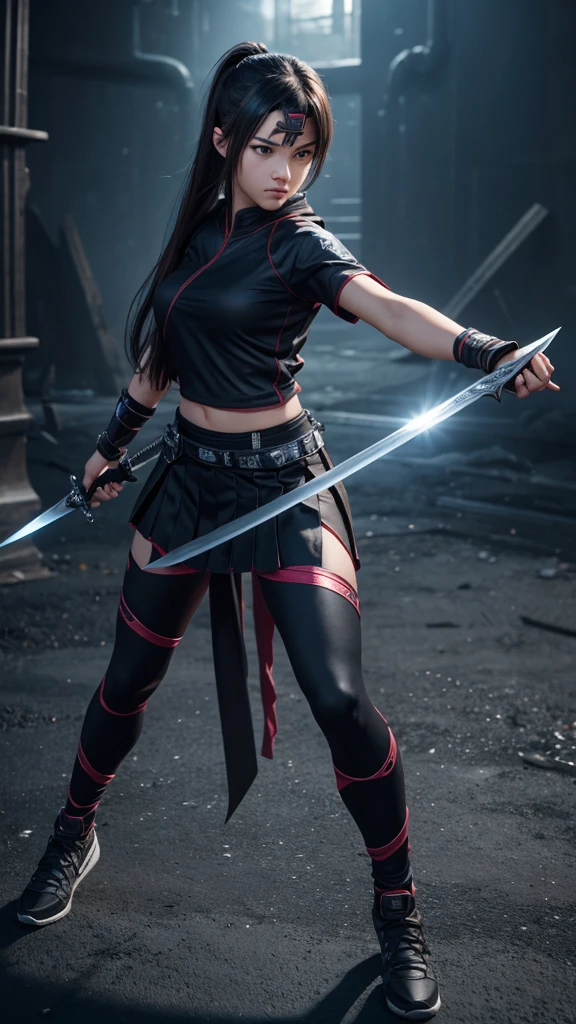 1 teenage realistic 3D girl wears tight ninja outfit with skirt, half body length view, action pose, sword on hands, highly detailed, 4K quality, 8K resolution