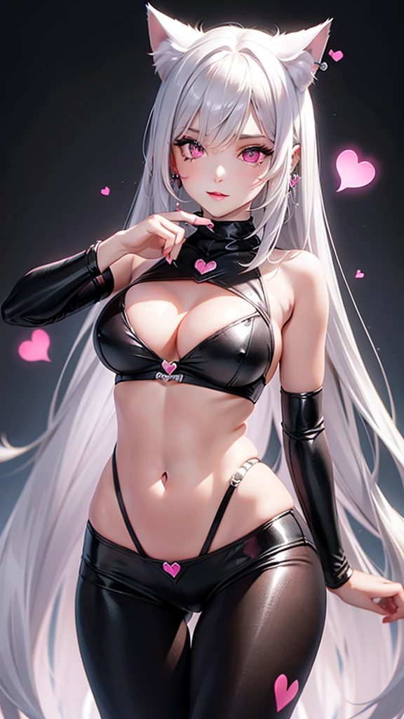 Silver hair, pink eyes, body, cat ears, sexy girl, earrings, heart background fantasy