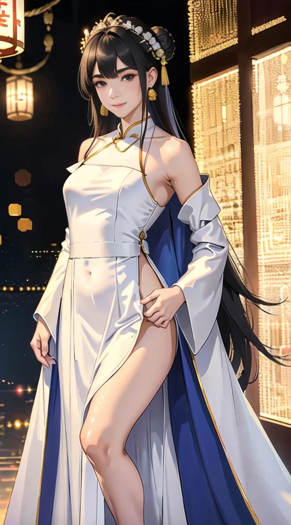 Girl in traditional Chinese clothing, Hanfu ,long black hair, black eyes, black bun hairstyle, hair accessories ,white diamond earrings, Bangle Diameter, Dia Necklace, Clear eyes, Facing forward,put on makeup, Long eyelashes ,(Long shoulder coat:1.5), (long white skirt:1.5), ((Whole body)), ((from below))ฃ, Clear face, , (Very beautiful face, Beautiful mouth, beautiful eyes), detailed face, ((Ultra-fine skin)), In the dark, deep shadows, an ancient Chinese girl (Very slim figure 1.3) ,Plump breasts, sexy slender legs elegant posture (smile brightly) (city night (neon light)) (nighttime ),