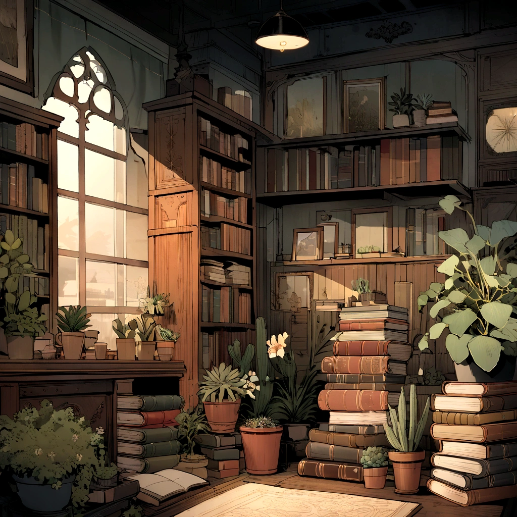 In this enchanting and interactive animated illustration, a gloomy, grandparent-inspired living room comes to life. A bookshelf dominates the scene, filled with an assortment of potted succulent plants, coffee cups, and old, leather-bound books. The central focus is the text 'Books, Plants & Coffee', elegantly displayed in a vintage font. A misty, gothic atmosphere hangs in the air, with the room bathed in soft, eerie lighting. The floral theme is subtly woven throughout, as the succulents and book bindings feature delicate, intricate floral patterns. The whole design is captivating, drawing viewers into the mysterious, vintage world of books, plants, and coffee.